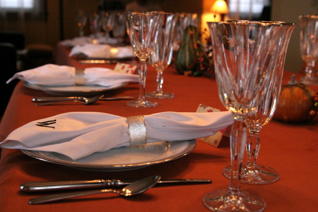 Place settings for parties, receptions, or holiday meals like Thanksgiving and Christmas